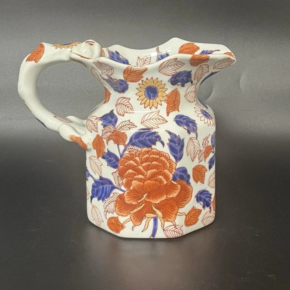 Victoria Ironstone Floral Pitcher Imari Style Hexagonal Monkey Handle Jug